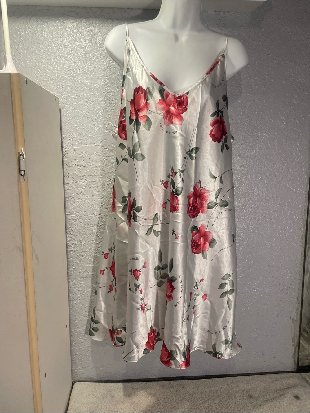 Silk-Feel White Floral Slip Dress with Red Rose Print